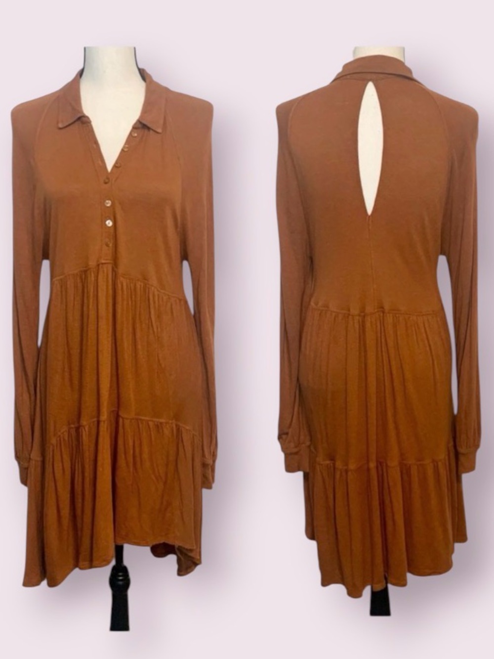 Free People Tiered Linen Blend Long Sleeve Tunic Dress Keyhole Back Brown Medium